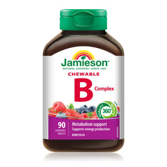 Jamieson Chewable Vitamin B Complex Natural Berry Flavour, Naturally Energizing, Supports Metabolism and Provides Folate. Vegetarian, Gluten-Free, No Artificial Flavours, Colours, or Preservatives, 90 Count, Proudly Canadian