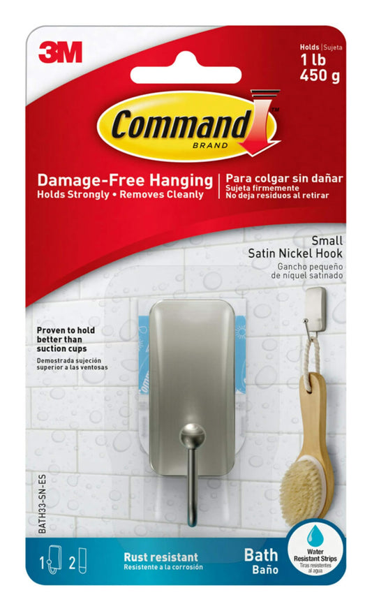 Command Bath Hook, Small, Satin Nickel, 1 Hook 2 Strips