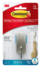 Command Bath Hook, Small, Satin Nickel, 1 Hook 2 Strips