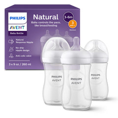 Philips Avent Natural Baby Bottles with Natural Response Nipples (Medium Flow, Flow 3), 9oz, 3-pack, SCY903/03
