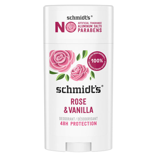 Schmidt's Deodorant Stick, Natural Deodorant for Men and Women, Rose & Vanilla, No Aluminum Salts and Parabens, 75g