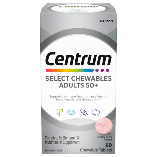 Centrum Adult Select Essentials Multivitamins for Men & Women 50 Plus, Chewables Multivitamins/Minerals Supplement, Lemon Berry Flavour, 60 Chewable Tablets (Packaging May Vary)