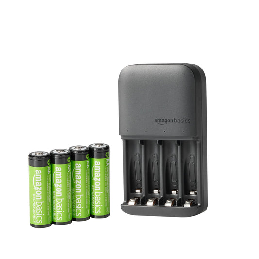 Amazon Basics Rechargeable AA Batteries NiMH (x4) with 4 Bay Battery Charger, Type A (American) Plug
