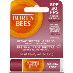 Burt's Bees Tinted Lip Balm with SPF 30 for Dry Chapped Lips, 100% Natural Origin Mineral Sunscreen- Pack of 1 - Sienna Rose