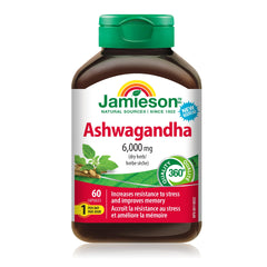 Jamieson High-Potency Ashwagandha 6,000 mg, Increases Resistance to Stress, Adaptogen, and Enhances Memory. Non-GMO, Vegetarian, Gluten-Free, Only One Per Day, 60 Capsules