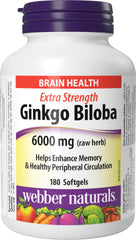 Webber Naturals Ginkgo Biloba 6000 mg, 180 Softgels, Helps Enhance Cognitive Function and Memory