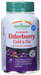 Jamieson Elderberry Cold & Flu Gummies, Elderberry Flavour, with Echinacea and Ginger, Family Friendly (6+). Relieves Cold and Flu Symptoms, Vegetarian, Non-GMO, Gluten-Free, No Artificial Colours, Flavours, or Preservatives, 60 Count