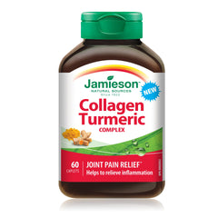 Jamieson Collagen Turmeric Complex, with 600 mg Collagen, Anti-inflammatory, Provides Joint Pain Relief and Digestive Support. Gluten-Free, No Artificial Colours, Flavours, or Preservatives, 60 Caplets, Proudly Canadian