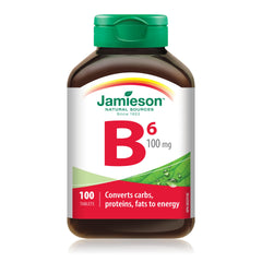 Jamieson Vitamin B6 100 mg, Pyridoxine HCl, Helps Prevent Vitamin B6 Deficiency, Supports Energy Production and Metabolism. Vegetarian, Non-GMO, Gluten-Free, 100 Tablets, Proudly Canadian