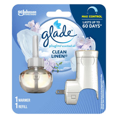 Glade PlugIns Air Freshener Oil Kit, Scented and Essential Oils for Home and Bathroom, Clean Linen, 1 Warmer + 1 Refill