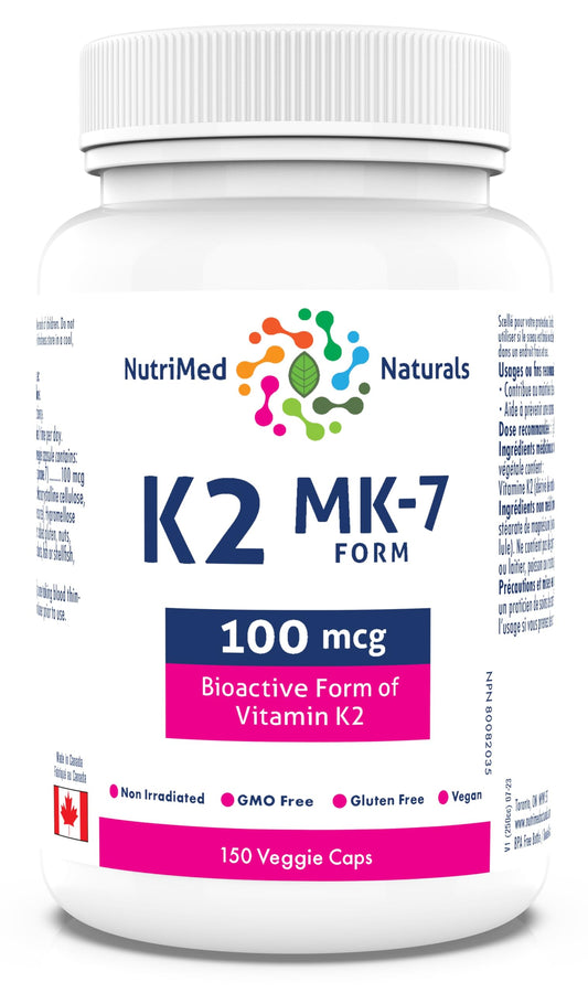 Nutrimed Naturals - K2 MK-7 Form, 150 Capsules 150-Day Supply - 100mcg K2 Vitamin Supplement - Heart Health, Cardiovascular Health and Blood Clotting - 3rd Party Tested - Formulated & Made in Canada