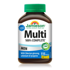 Jamieson 100% Complete Multivitamin for Men, with Siberian Ginseng, Lycopene and Selenium. Supports Eye Health, Energy, Immunity, and Everyday Health, Gluten-Free, One Per Day, 115 Caplets