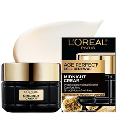 L'Oréal Paris Midnight Night Cream, Face Mositurizer with Vitamin E + Antioxidant Recovery Complex, Reduces look of Wrinkles, Firm & Comfort Skin, Age Perfect Cell Renewal, 50ml