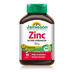 Jamieson Zinc 50 mg, Ultra Strength, High Absorption, Supports Immune Health, Tissue Formation, and Healthy Skin. Vegetarian, Non-GMO, Gluten-Free, 90 Tablets, Proudly Canadian
