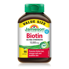 Jamieson Ultra Potency Biotin 10,000 mcg, 90 Softgels. Easy to Swallow, Supports Thicker Hair, Healthier Skin and Stronger Nails. No Artificial Flavours, Colours, or Preservatives, Proudly Canadian