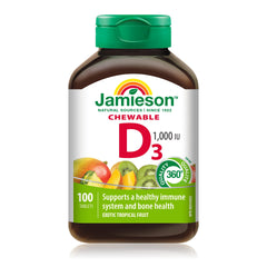 Jamieson Chewable Vitamin D3 1,000 IU, 100 Tablets, Exotic Tropical Fruit Flavour. Supports Immune Health, Strong Bones. Vegetarian, Non-GMO, No Artificial Flavours or Colours, Proudly Canadian