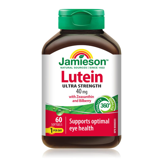Jamieson Ultra Strength Lutein 40 mg, with Zeaxanthin and Bilberry, Supports Eye Health, and Helps Reduce the Risk of Developing Cataracts. Non-GMO, Gluten-Free, 60 Softgels, Proudly Canadian
