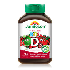 Jamieson Kids Chewable Vitamin D3 400 IU, 100 Chewable Tablets, Strawberry Flavour, Supports Healthy Bones and Teeth, Immune Support. No Artificial Colours, Flavours or Preservatives