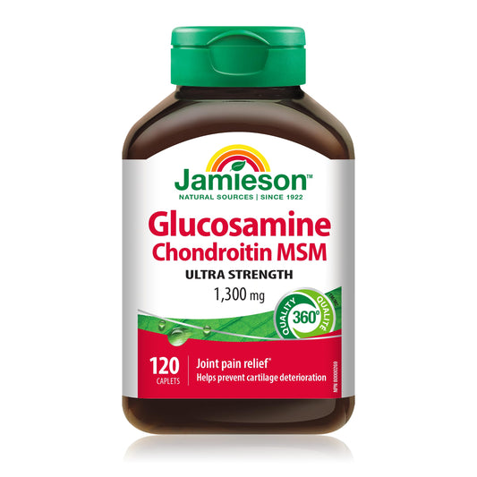 Jamieson Ultra Strength Glucosamine Chondroitin MSM 1300 mg, Provides Joint Pain Relief, Osteoarthritis Support, and Cartilage Deterioration Protection. Non-GMO, Gluten-Free, 120 Caplets, Proudly Canadian