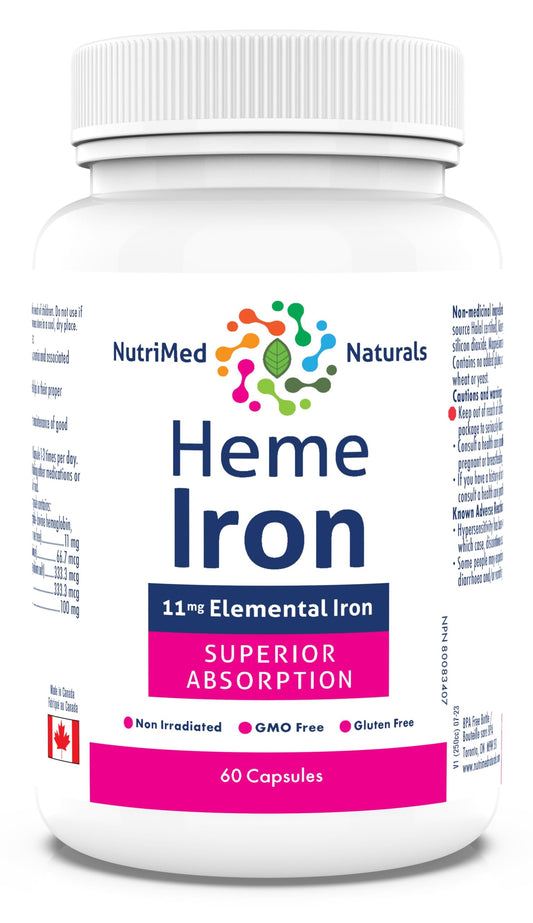 Nutrimed Naturals - Heme Iron Supplement 60 Capsules 60-Day Supply - 11mg Elemental Iron + Selenium, Bioactive Folate, Vitamin B12, Vitamin C - 3rd Party Tested - Formulated & Made in Canada