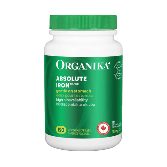 Organika Canadian-Made Absolute Iron - Iron Bisglycinate- High Availability, Gentle on Stomach, Boost Iron Levels- Beneficial for Women and Vegetarians- 120vcaps