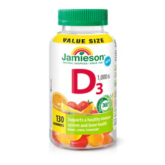 Jamieson Vitamin D3 1,000 IU Gummies, 130 Gummies, Orange, Lemon, and Strawberry Flavours, Supports Immune Health, Strong Bones and Teeth. Vegetarian, Non-GMO, No Artificial Flavours or Colours