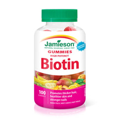 Jamieson High Potency Biotin Gummies with Vitamin C and Vitamin E, 100 Gummies, Mixed Flavours. Supports Thicker Hair, Healthier Skin, Stronger Nails. Gelatin-Free
