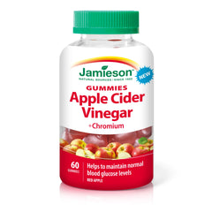 Jamieson Apple Cider Vinegar Gummies with Chromium, Helps Maintain Normal Blood Glucose Levels and Supports Metabolism. Vegetarian, No Artificial Colours, Flavours, or Preservatives, Red Apple Flavour, 60 Count