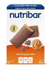 Nutribar Chocolate Peanut Butter Flavoured Bars, High protein, Meal Replacement Bars, 24 Vitamins & Minerals, High Fiber, Made in Canada, 5-Count *PACKAGING MAY VARY*