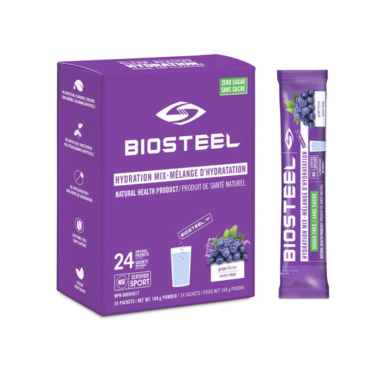 BioSteel Hydration Mix, Proudly Canadian - Great Tasting Hydration with Zero Sugar, and No Artificial Flavours or Preservatives, Grape Flavour, 24 Single Serving Packets
