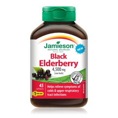 Jamieson Black Elderberry 4,500 mg Vegetarian Capsules, Provides Relief from Cold and Flu, and Relieves Symptoms Like Fever, Cough, and Sore Throat. Non-GMO, Gluten-Free, 45 Count, Proudly Canadian