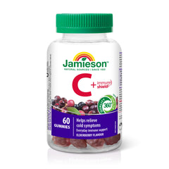 Jamieson Vitamin C + Immune Shield, 60 Gummies, Natural Elderberry Flavour. With Elderberry and Zinc. Supports Immune Health, Relieves Early Cold Symptoms, Family Friendly (3+)