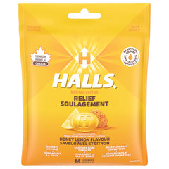 HALLS Honey Lemon Cough Drops, Throat Lozenges, Sore Throat Relief, Mentho-Lyptus, 14 Lozenges, Prepared in Canada