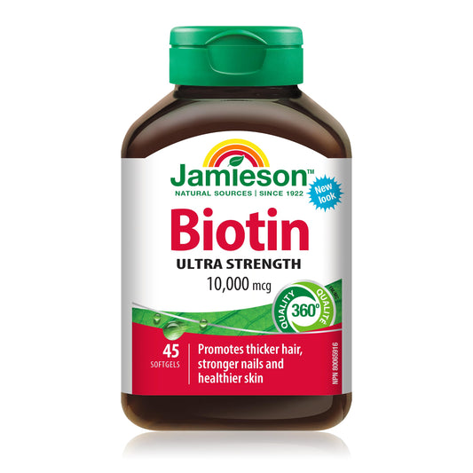 Jamieson Ultra Potency Biotin 10,000 mcg Softgels, Easy to Swallow, Supports Thicker Hair, Healthier Skin and Stronger Nails. Gluten-Free, No Artificial Flavours, Colours, or Preservatives, 45 Count, Proudly Canadian