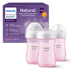 Philips Avent Natural Baby Bottles with Natural Response Nipples (Medium Flow, Flow 3), 9oz, Pink, 3-pack, SCY903/13