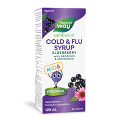 Nature's Way Kids Sambucus Cold and Flu Care – Elderberry Syrup with Echinacea & Propolis – Helps Relieve Colds, Coughs & Sore Throats in Children Age 2+ – Vegetarian, Gelatin-Free – 120 ml