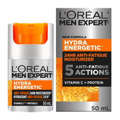 L’Oréal Paris Men Expert Anti Fatigue Daily Face Moisturizer for Men with Vitamin C & Protein, 24HR Non Greasy Hydration, For Dry and Tired Skin, Reduces look of fine lines & dark circles, Suitable for Sensitive Skin, Hydra Energetic, 50ml
