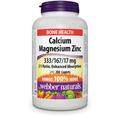 Webber Naturals Calcium + Magnesium, Enhanced Absorption Mineral with Zinc, Helps Support Bones and Teeth, 200 Caplets, Vegan