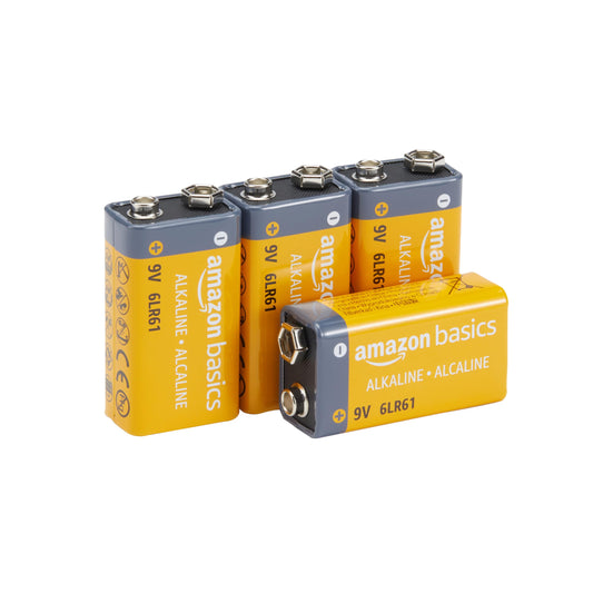 Amazon Basics 4 Units Pack 9 Volt Performance All-Purpose Alkaline Batteries, 5-Year Shelf Life, Easy to Open Value Package