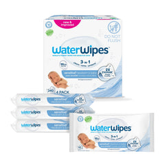 WaterWipes Plastic-Free Original Baby Wipes, 99.9% Water Based Wipes, Unscented & Hypoallergenic for Sensitive Skin, 240 Count (4 packs), Packaging May Vary