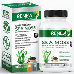 Renew Actives Sea Moss Triple-Action Antioxidant Blend with BioPerine – Organic Irish Sea Moss 500MG, Bladderwrack 500MG & Burdock Root 400MG per 2 Capsules – Made in Canada - 60 Capsules