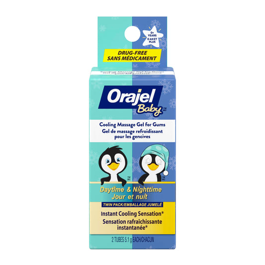 Orajel Baby Cooling Massage Gel for Gum, Daytime & Nighttime Combo Pack, Instant Cooling Sensation, Drug-Free, 2 x 5.1g Tubes