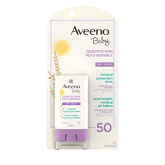 Aveeno Baby Sensitive Skin Mineral Sunscreen Stick SPF 50 with 100% mineral active ingredient, for Face & Body, Sweat- & Water-Resistant Kids Sunscreen Stick, Travel Size, 13g