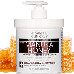 Advanced Clinicals Manuka Honey Body Cream For Women & Men | Body Butter Lotion For Extremely Dry Skin | Collagen Cream | Skincare Moisturizer Hydrating Balm Improves Look Of Aging Skin, 16 Ounce