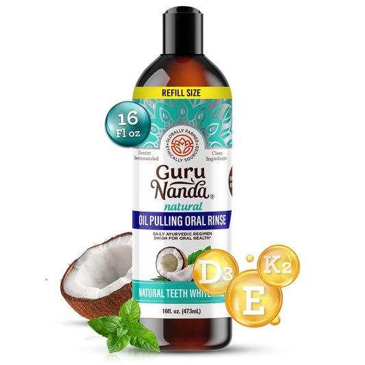 GuruNanda Coconut Oil Pulling, Fresh Breath & Whitening Mouthwash, 7 Essential Oils & Vitamins for Happy Teeth & Gums, Alcohol-Free, 16 oz