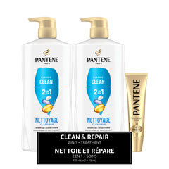 Pantene PRO-V Classic Clean 820 mL 2in1 Shampoo + Conditioner Twin Pack with 15 mL Hair Treatment shot (1655 mL in Total)