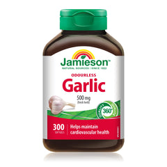 Jamieson Odourless Garlic 500 mg, Supports Heart Health, and Provides Immune Support. Non-GMO, Gluten-Free, 300 Softgels, Proudly Canadian