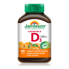 Jamieson Chewable Vitamin D3 1,000 IU Natural Tangy Orange Flavour, Supports Immune Health, Strong Bones and Teeth. Vegetarian, Non-GMO, Gluten-Free, No Artificial Flavours or Colours, 100 Count, Proudly Canadian