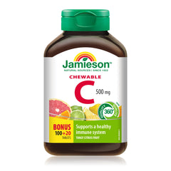 Jamieson Chewable Vitamin C 500 mg Citrus Fruit Flavour, Supports Immune Health, Strong Teeth and Bones. Family Friendly (4+), Vegetarian, Non-GMO, Gluten-Free, No Artificial Flavours, Colours, or Preservatives, 120 Count, Proudly Canadian