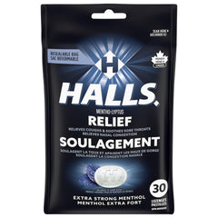 HALLS Extra Strong, Cough Drops, Throat Lozenges, Sore Throat Relief, Mentho-Lyptus, 30 Lozenges, Prepared in Canada